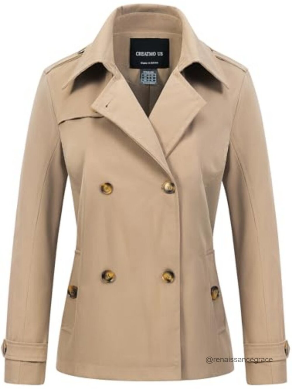 Cropped Trench Coat Double Breasted Lapel Water Repellent Jacket